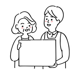 高齢者の女性と介護士の男性　ホワイトボード