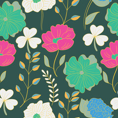Surface floral pattern of flowers, leaves, and branches with green and pink floral elements