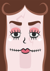 Poster in form of porcelain doll face. Halloween placard in flat style.