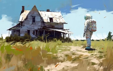 Man in spacesuit lokking at abandoned farmhouse at sunny summer day created with Generative AI technology. Astronaut on the Earth planet