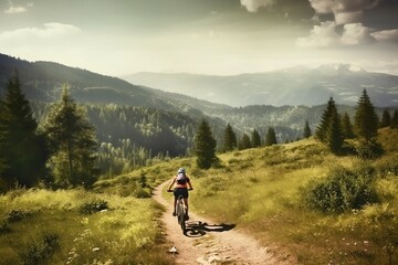 Mountain biking woman riding bike in summer mountains landscape created with Generative AI technology