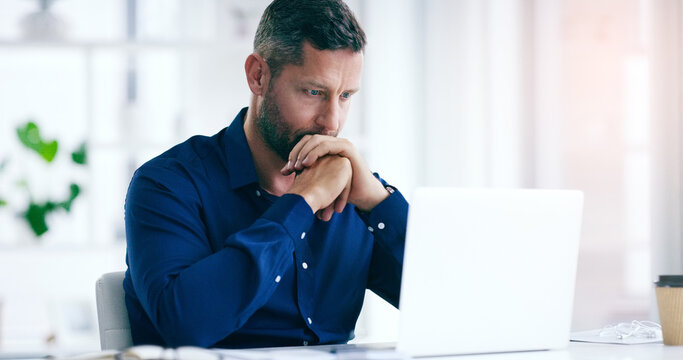 Stress, thinking and laptop with a business man looking confused while working on a project or proposal in his office. Problem solving, idea and computer with a male employee in doubt at work