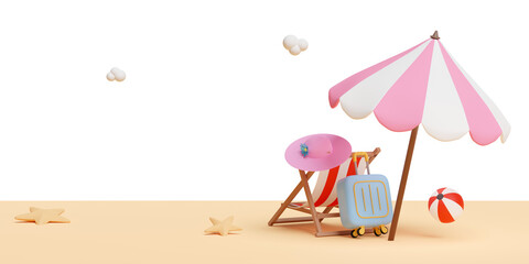 3d summer travel with suitcase, umbrella, ball, beach chair, hat, seaside isolated. 3d render illustration