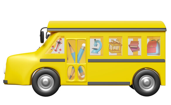 vehicle for transport students isolated. 3d yellow school bus cartoon sign icon, accessories with microscope, book, bag, pencil, school supplies, back to school 3d render