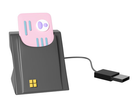 3d smart card reader, external USB card reader, Id card icon isolated. 3d render illustration