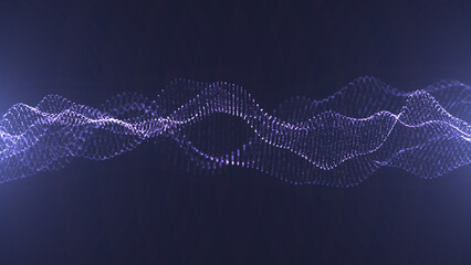 Dynamic particles sound wave flowing over dark. Futuristic wave of dots with moving particles. Abstract blue energy waves from particles of futuristic hi-tech glowing background.