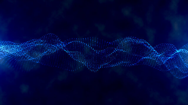 Dynamic particles sound wave flowing over dark. Futuristic wave of dots with moving particles. Abstract blue energy waves from particles of futuristic hi-tech glowing background.