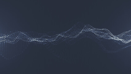 Abstract wave moving dots flow particles. Colorful waving particle technology background design. Dynamic particles sound wave flowing over dark.