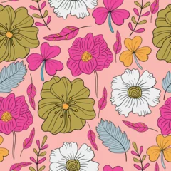 Fotobehang Botanical colorful seamless floral pattern on pink background with green, white, and pink floral elements © AhmedSherif