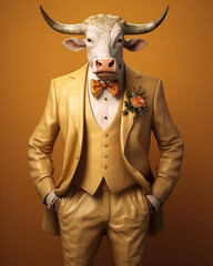 Bull animal as a groom in costume, Generative AI