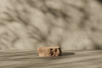 Premium podium display with leaf shadow, Cosmetics or beauty product promotion mockup. Natural stone step pedestal. Trendy minimalist banner, 3D render illustration.