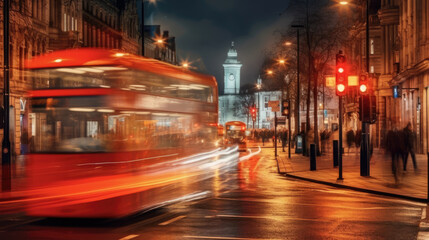 Obraz premium London streetscape at night. City lights reflected in the wet streets. Blurred double decker bus driving on the road. Generative AI