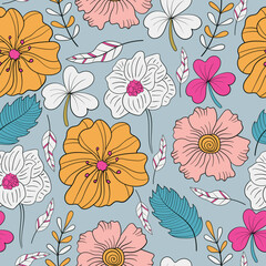 Greenery seamless floral pattern with colorful floral elements of colors yellow, green, pink, and white