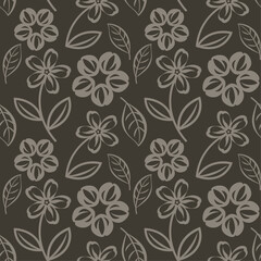 Floral seamless vector pattern, simple flower shapes on dark background, textile print, wallpaper.