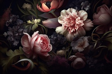 Vintage inspired floral background with ornate peony and rose flowers growing in fantasy dark garden. Generative ai illustration.