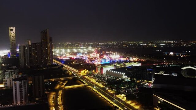 Aerial Shot Over Beautiful Lights Of Jeddah Corniche At Night, Jeddah, Saudi Arabia