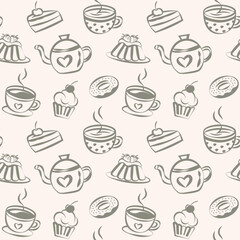 Sweet dessert seamless vector pattern, teapot, cake, donut, pudding and cup of tea, sketch style drawing, textile print, wallpaper, tablecloth. 