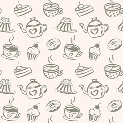 Sweet dessert seamless vector pattern, teapot, cake, donut, pudding and cup of tea, sketch style drawing, textile print, wallpaper, tablecloth. 