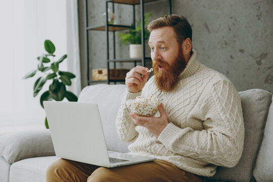 Young amazed ginger man wear casual clothes eat popcorn watch movie film on laptop pc computer sits on grey sofa couch stay at home hotel flat rest relax spend free spare time in living room indoor.