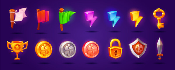 UI game icons of coins, key, trophy, gold cup, shield and sword. Money icons, lightning signs, flags and padlock isolated on background, vector cartoon set © klyaksun