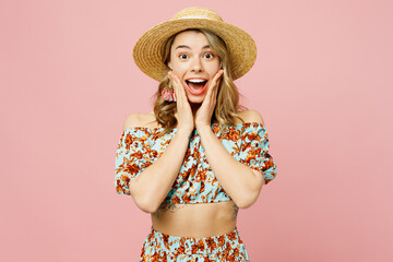 Young surprised excited exultant caucasian woman wear summer casual clothes straw hat look camera...