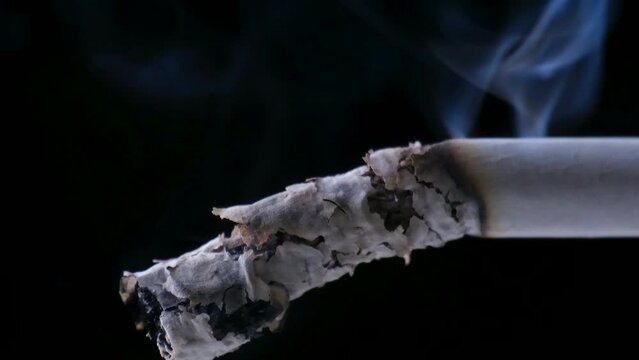 Timelapse of cigarette lit quickly burning and falling ash to ground from wrapper and tobacco