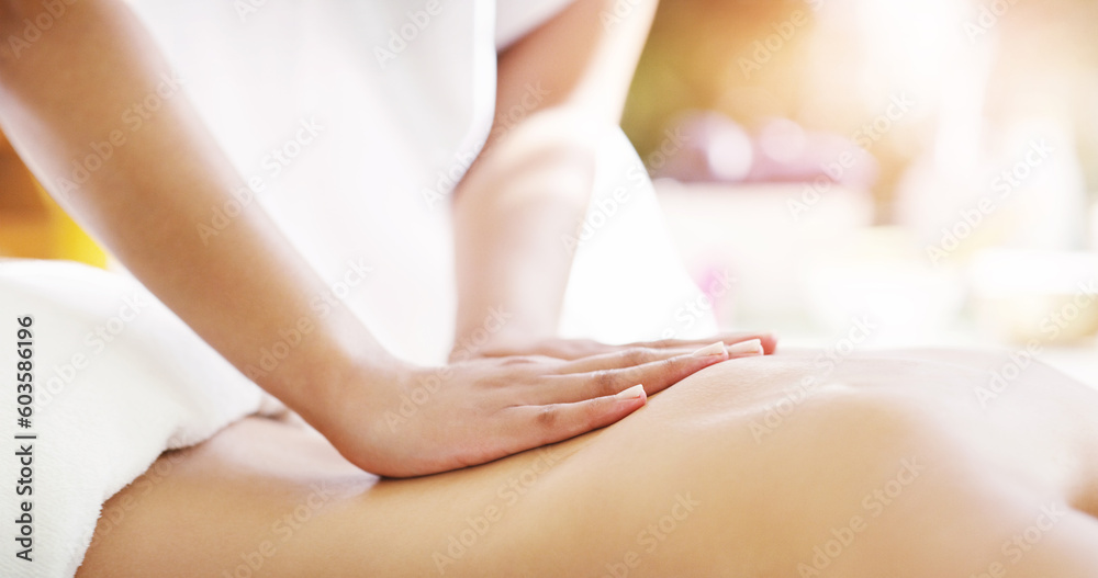 Canvas Prints Woman, hands and back massage at spa in relax for zen, physical therapy or treatment at the resort. Hand of masseuse giving female a relaxing body rub for muscle relief, peace or wellness at a salon