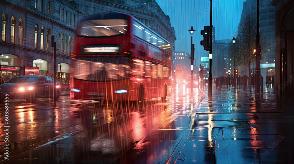 Wall mural london streetscape at night. city lights reflected in the wet streets. blurred double decker bus dri