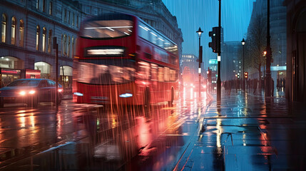 London streetscape at night. City lights reflected in the wet streets. Blurred double decker bus driving on the road. Generative AI
