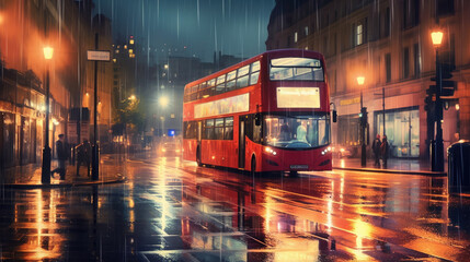 London streetscape at night. City lights reflected in the wet streets. Blurred double decker bus driving on the road. Generative AI