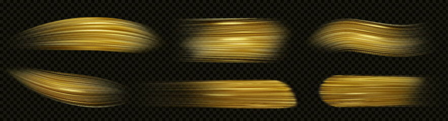 Golden paint brush strokes. Abstract stains texture, hand drawn gold color smears, shiny yellow smudges isolated on transparent background, vector realistic illustration