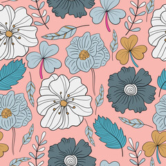Seamless floral pattern of greenery floral elements of flowers and leaves on pink background