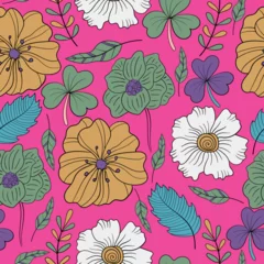 Fotobehang Seamless floral pattern on pink background with white, yellow, and green flowers and leaves © AhmedSherif