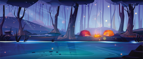 Night forest lake with campsite on bank. Vector cartoon illustration of two tents near campfire burning on glade in mysterious woods lit by moonlight, fireflies flying over water. Beautiful nature