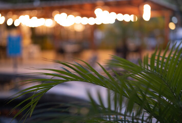 A lot of decorative vintage garland light bulbs in front of a pub restaurant terrace, blurred...