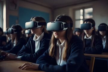 Lot of crowd of students and pupils in virtual reality glasses are sitting in the auditorium at their desks at the university seminary. Generative AI - obrazy, fototapety, plakaty