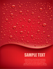 water drops on red background with place for text	
