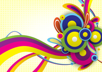 Abstract artistic colorful circles and wave vector illustration on yellow background
