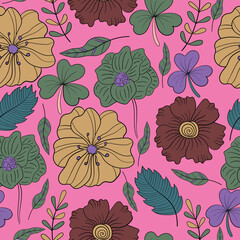 Big blossom seamless floral pattern on a pink background with yellow, green, and blue floral elements