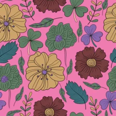 Fotobehang Big blossom seamless floral pattern on a pink background with yellow, green, and blue floral elements © AhmedSherif
