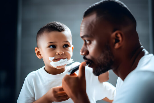 Man and little boy with shaving foam on their faces looking into the bathroom mirror and laughing. Black, African American Father and son having fun while shaving in bathroom. Generative AI