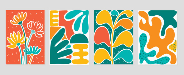 Fototapeta na wymiar Set of abstract cover background inspired by matisse. Plants, leaf branch, coral, flower in hand drawn style. Contemporary aesthetic illustrated design for wall art, decoration, wallpaper.