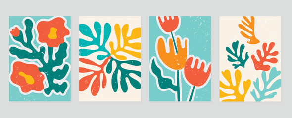 Fototapeta na wymiar Set of abstract cover background inspired by matisse. Plants, leaf, flower, coral, grunge texture in hand drawn style. Contemporary aesthetic illustrated design for wall art, decoration, wallpaper.