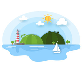 Obraz na płótnie Canvas world environment day june 5 concept in illustrator. green world with mountain, lighthouse, sun, clouds and boat in origami paper design. 