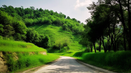 Fototapeta na wymiar A secluded one-lane country road in green nature