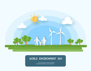 Fototapeta premium happy family on the green grass in clean air with windmill, sun, clouds and trees in origami paper design. world environment day june 5 concept in illustrator.