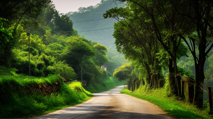 A secluded one-lane country road in green nature