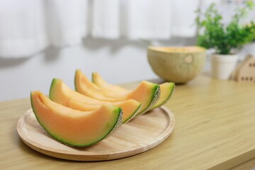 Fruits for healthcare Green Melon wooden table honey melon or cantaloupe