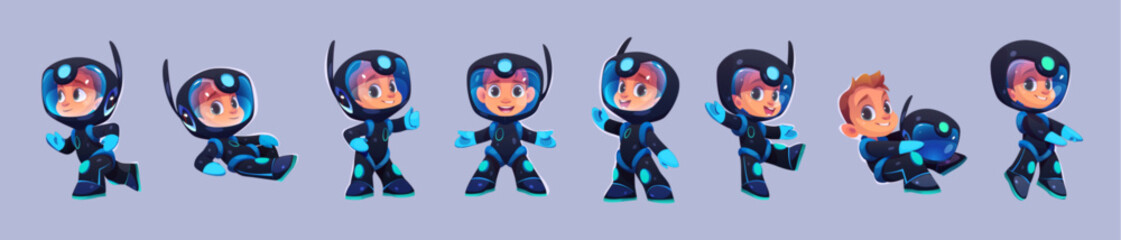 Cartoon set of child astronaut isolated on background. Vector illustration of cute little boy in black space suit and helmet running, standing, smiling, showing thumbs-up, waving hand. School mascot © klyaksun