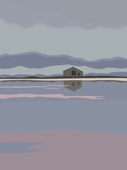 Vector picturesque landscape with lake and a house - 603590356